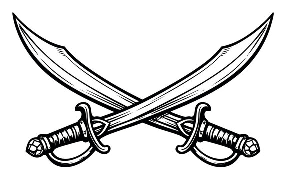 Two sabers crossing, creating a nautical symbol for pirates, sailing, and adventure themes in a simple black and white style