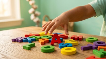 Obraz premium A close up view of a hand placing a colorful letter block next to wooden alphabet sorting tiles on a study desk.