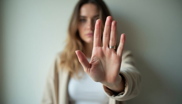 Woman shows open hand with rings. She looks forward making stop gesture. Person asserts personal boundaries, rejects advances or threats. Represents resistance, self defense and personal space safety.