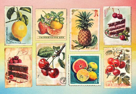 Vintage Fruit And Dessert Stamps Element Design Set