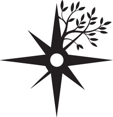 Fototapeta premium Stylized compass rose with growing tree silhouette wind rose cardinal points