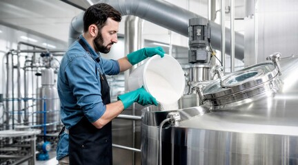 Fototapeta premium Craft Brewer Pouring Ingredients into Stainless Steel Fermentation Vat