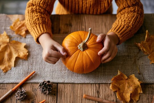 Kinderh&auml;nde schnitzen einen kleinen K&uuml;rbis am Holztisch von oben gesehen