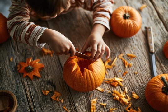 Kinderh&auml;nde schnitzen einen kleinen K&uuml;rbis am Holztisch von oben gesehen