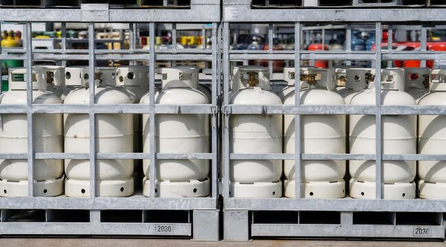 White gas cylinders in industrial metal cage storage