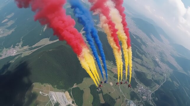 Aerial display of colorful smoke trails from aircraft formation over landscape