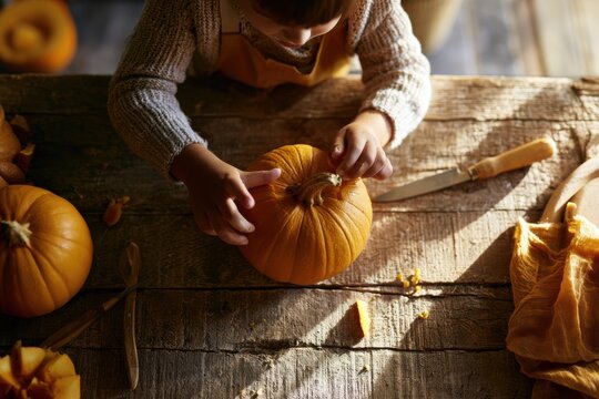 Kinderh&auml;nde schnitzen einen kleinen K&uuml;rbis am Holztisch von oben gesehen