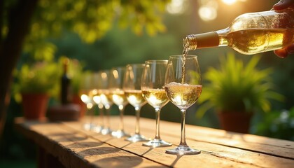 Obraz premium Hand pours white wine into clear glasses lined up on wood table. Outdoor setting with green plants and warm sunlight. Refreshments for party or event celebration.