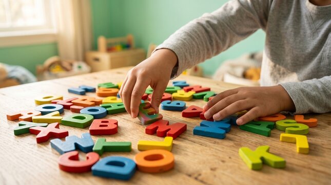 A close view of hands matching alphanumeric puzzle block tiles onto a corresponding wooden grid tracker matrix.