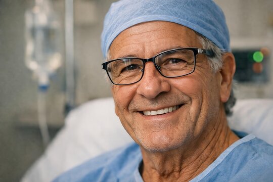 Smiling Senior Male Patient in Hospital Gown and Surgical Cap Before Procedure.