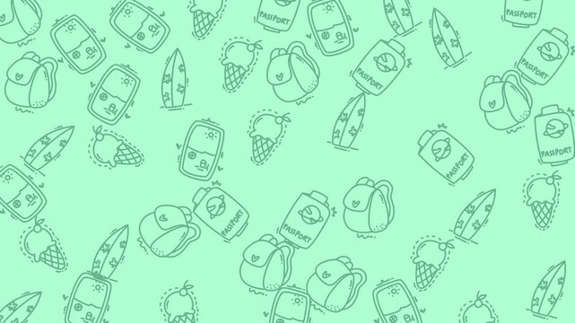 Light green wallpaper with backpack and ice cream cone doodles. Suitable for schoolthemed designs or fun summer projects for kids rooms.