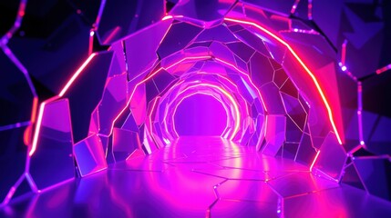 Fototapeta premium Futuristic tunnel, glowing neon lights, polygonal shapes. Dark background creates dramatic visual effect. Abstract digital art.