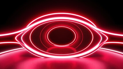 Naklejka premium Futuristic eye design. Concentric glowing rings create pupil, iris effect. Dark background emphasizes bright neon illumination.