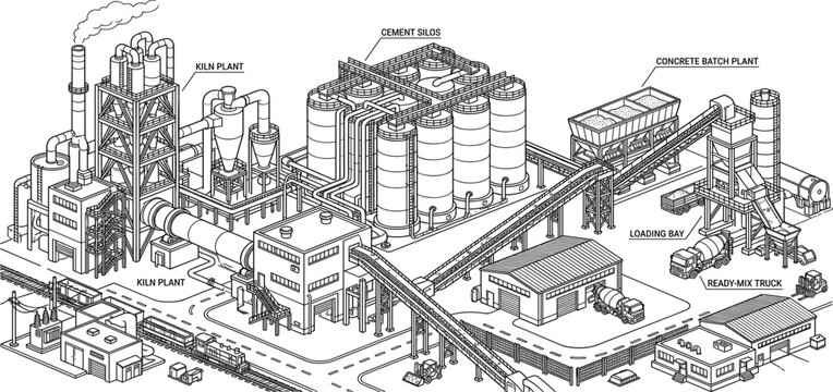 Isometric Cement Factory Illustration with Kiln Plant, Concrete Batch Facility, Silos, Conveyor Systems, and Industrial Construction Production Infrastructure Design