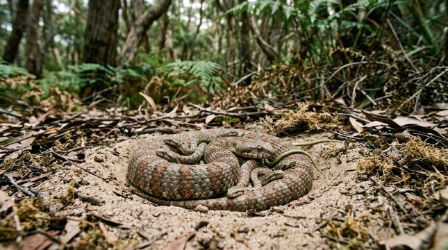 A snake curled up in the sand in a forest setting.