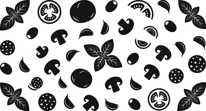 Black pizza topping icons on white background Vector