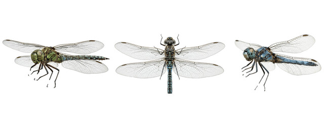 Three dragonflies in front, back, and side views displaying slender bodies, clear outstretched wings, and subtle blue and green color variations   © James