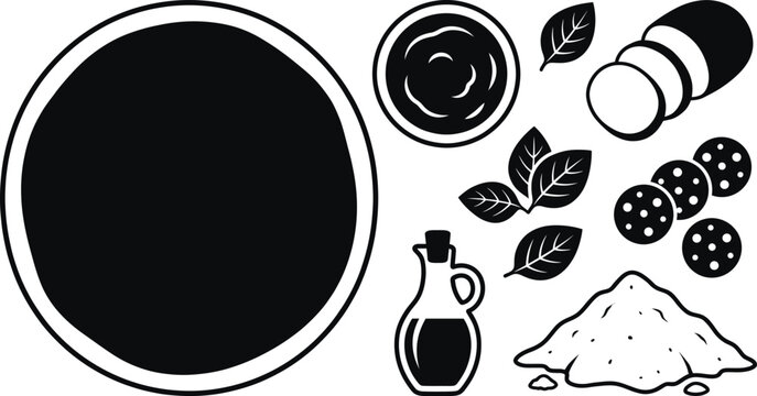 Black food ingredients on white background Vector