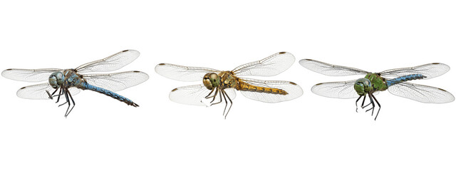 Colorful dragonflies in midair, showcasing blue, gold, and green metallic bodies with transparent veined wings spread wide against a clean white background   © James