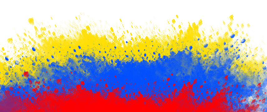 Bright artistic splash of yellow blue and red paint colors creating a vibrant abstract design pattern on transparent background