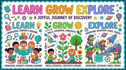 Fototapeta premium Inspirational learn grow explore interactive layout infographic chart displaying colorful multi-tier educational values.