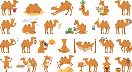 Fototapeta premium Cute Camel Cartoon Activity Set – Kawaii Desert Animal Clipart Vector