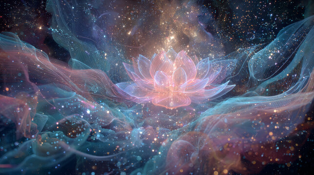 Abstract Cosmic Lotus Flower with radiant light and energy, spiritual meditation background