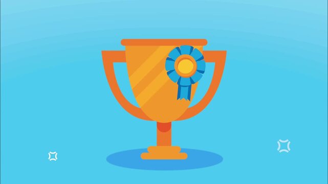 Flat vector trophy cup animation with award medal ribbon and sparkling star elements on blue gradient background.
