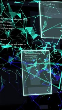 Vertical video: Sliding panels initiating teal nodes clustering and revealing yellow binary code