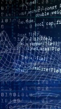 Vertical video: Code density rising, white wire mesh morphing and translating, showing network flow