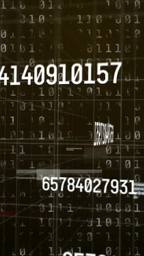Vertical video: On input, white numeric string drifting, scaling across binary grid showing depth