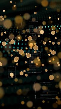 Vertical video: Vertical pan causing golden bokeh cluster drifting over teal matrix to show data