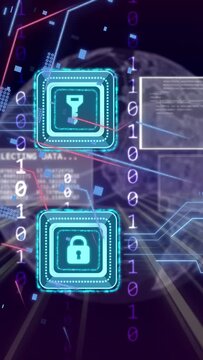 Vertical video: Data surge causing cyan key padlock icons pulsing, binary streams showing security