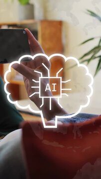 Vertical video: Tech user testing phone tapping on couch, animated AI cloud drawing circuits fading