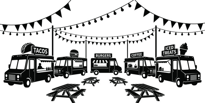 Food trucks with picnic tables and bunting Vector