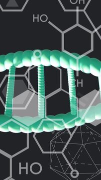 Vertical video: Teal DNA helix entering right, rotating and sliding left, visualizing molecules