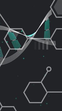 Vertical video: Dotted DNA helix entering upper-left sweeping pulsing looping showing network links