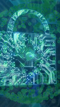 Vertical video: Neon line drawing lock forming as traces glowing and nodes orbiting, showing safety