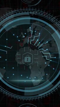 Vertical video: Cyan Cybersecurity text starting HUD, revealing padlock, rings, secured network