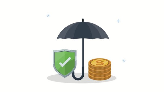 Animated financial insurance concept showing money protection with umbrella shield and golden coins on white background.