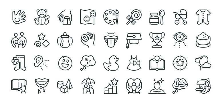 Child development in preschool education outline thin icons big set. Line signs children's toys and accessories for babies. Thin vector pictograms pack for web infographic business social projects.