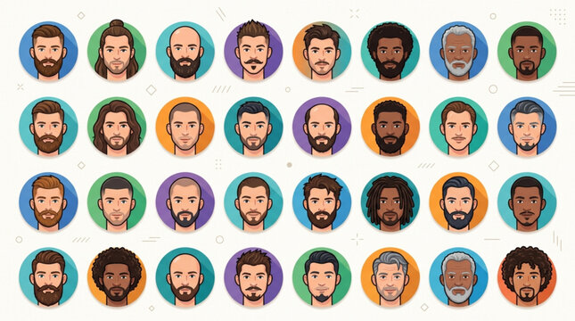 Diverse Collection of Male Faces with Various Hairstyles and Beards.