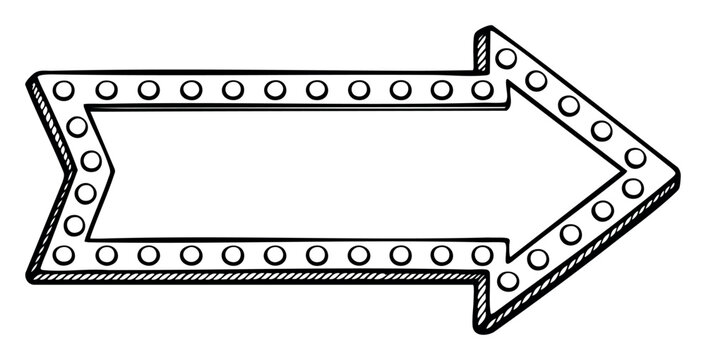 Black and white hand drawn arrow with lightbulbs outlining its shape, pointing right, ideal for signs, directions, or banners