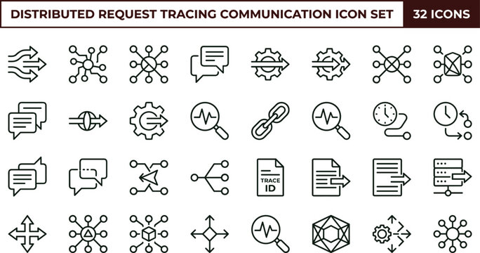 Distributed request tracing communication icon set for observability and cloud infrastructure systems