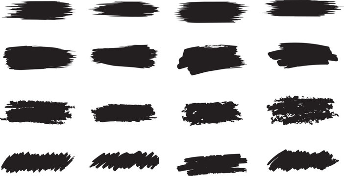 Black grunge paint blocks. Thick ink censorship banners and bold text backdrops. Vector design elements pack.