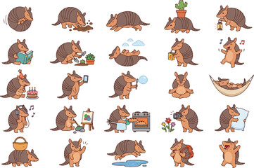 Fototapeta premium Cute Armadillo Cartoon Activity Set – Kawaii Desert Animal Clipart Vector
