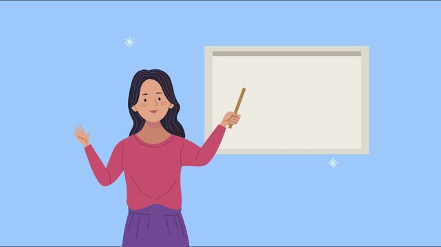Young woman in casual clothes holding pointer stick and presenting in front of empty whiteboard.