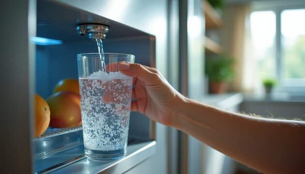 Hand fills glass with cold fizzy water from fridge dispenser. Oranges are visible inside refrigerator interior. Bright sunny kitchen background with plants.