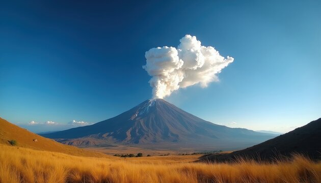 Volcano erupts spewing white smoke cloud against clear blue sky. Mount Semeru glows in golden hour light with dry grass field in foreground. Powerful natural phenomenon occurs during daytime.