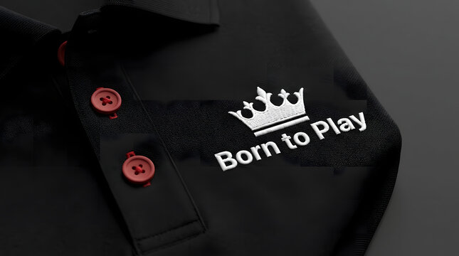 Close-up of black polo shirt with white crown embroidery and Born to Play text logo featuring red buttons.